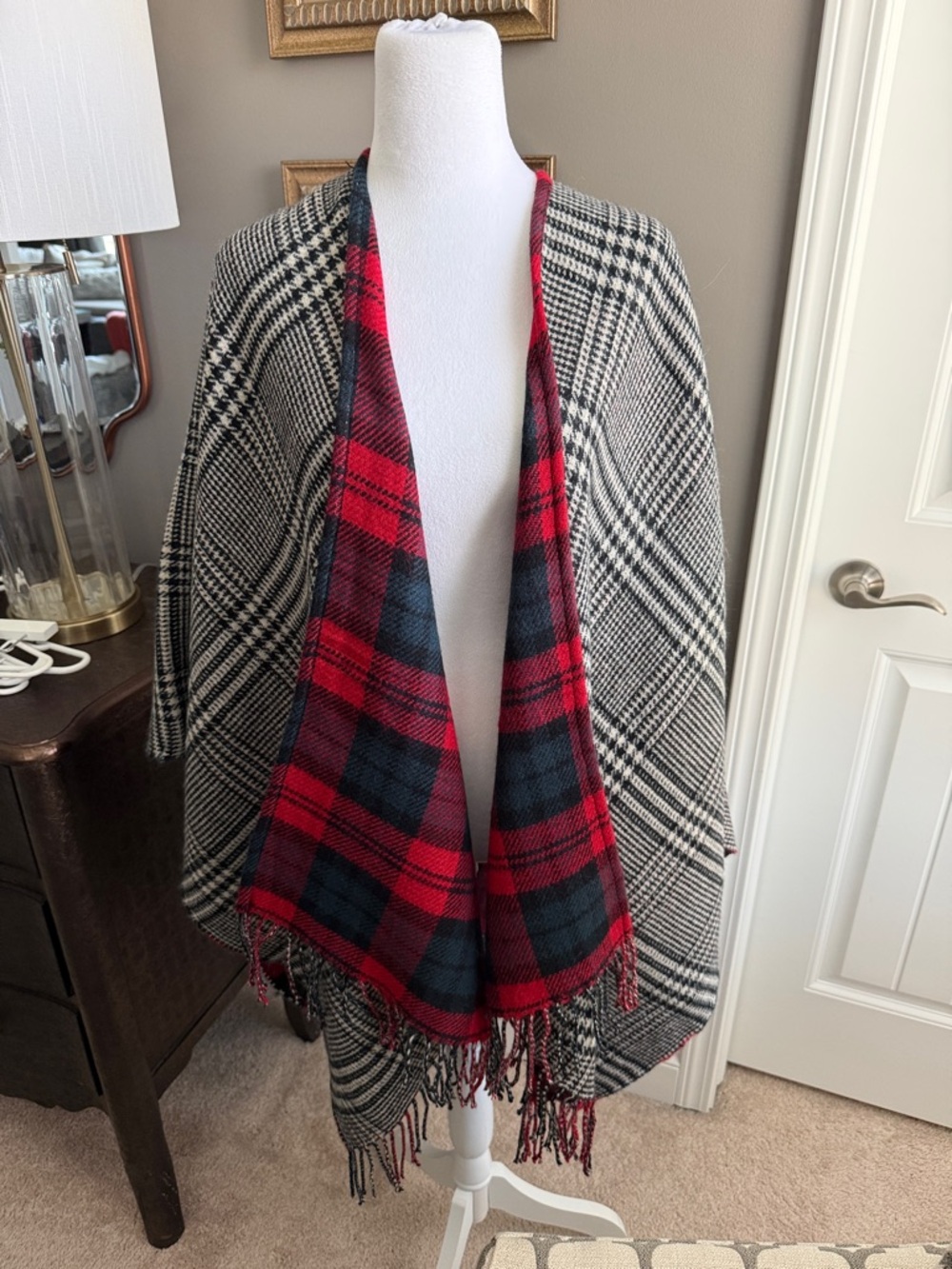 Source Unknown Reversible Plaid Cape - Black, White & Red